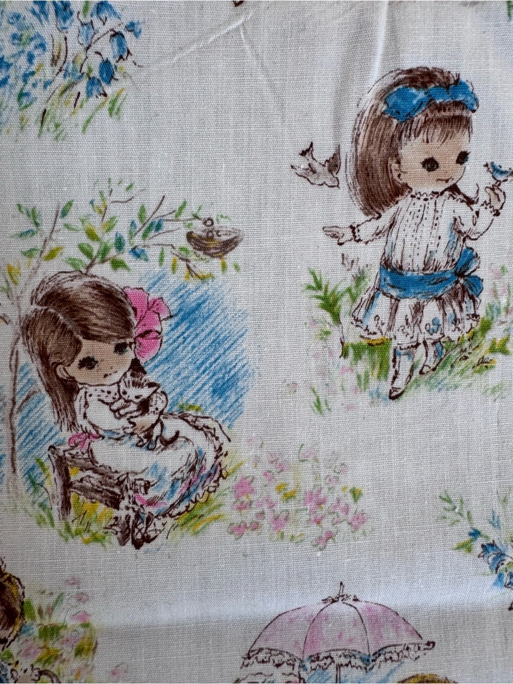 VINTAGE 1960'S Storybook Little Girls 44" x 35" Cottagecore Nursery Fabric - Picture 7 of 12